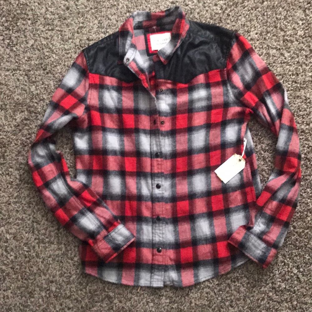 FOREVER 21 NWT Red Flannel with faux leather trim